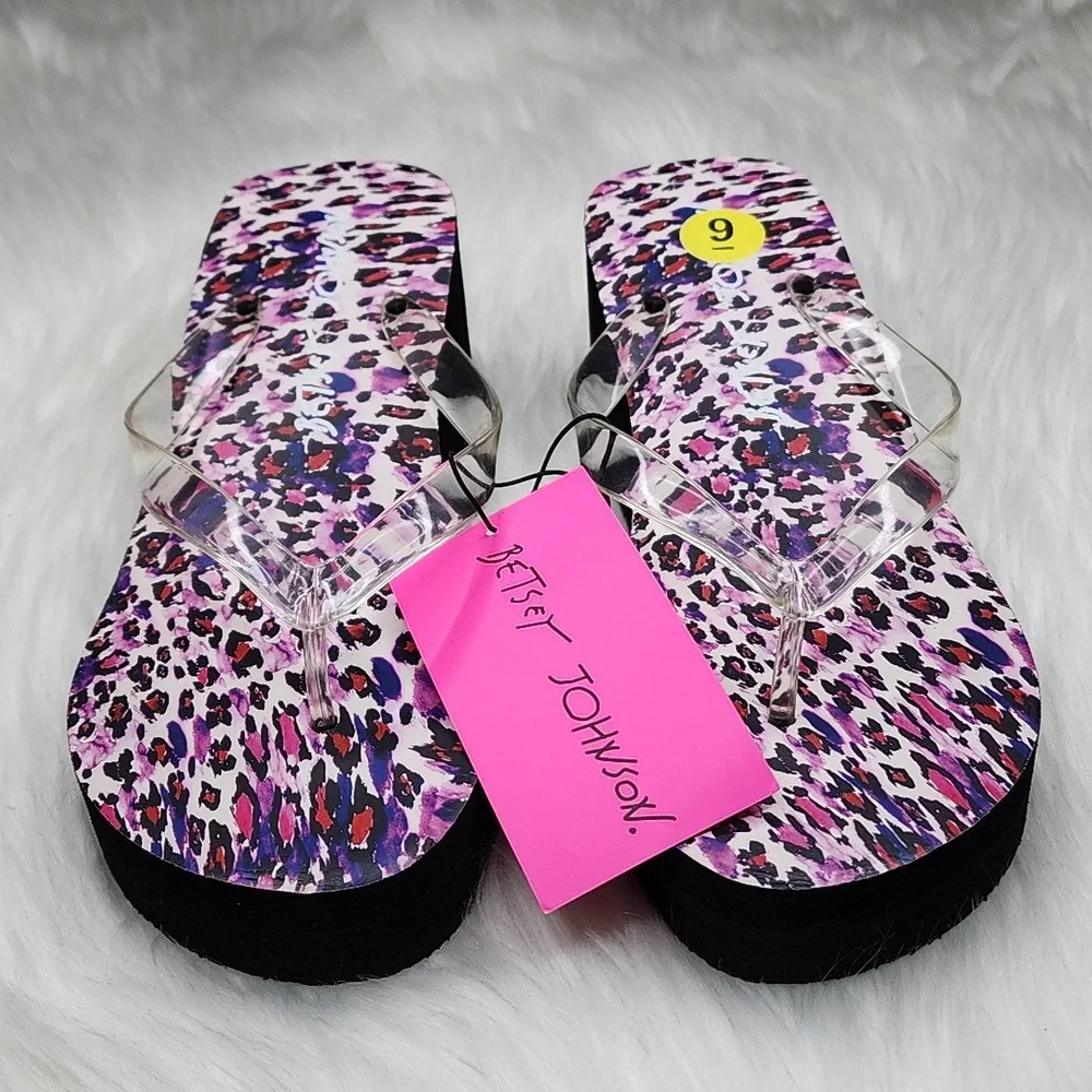 Betsey Johnson Leopard Print Wedge Platform Sandals with Clear Straps